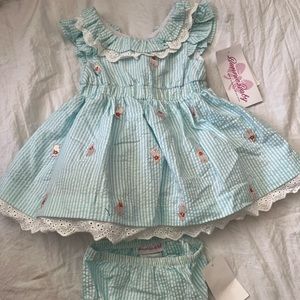 Bonnie baby 2 piece seersucker dress and bloomers with Easter bunnies!